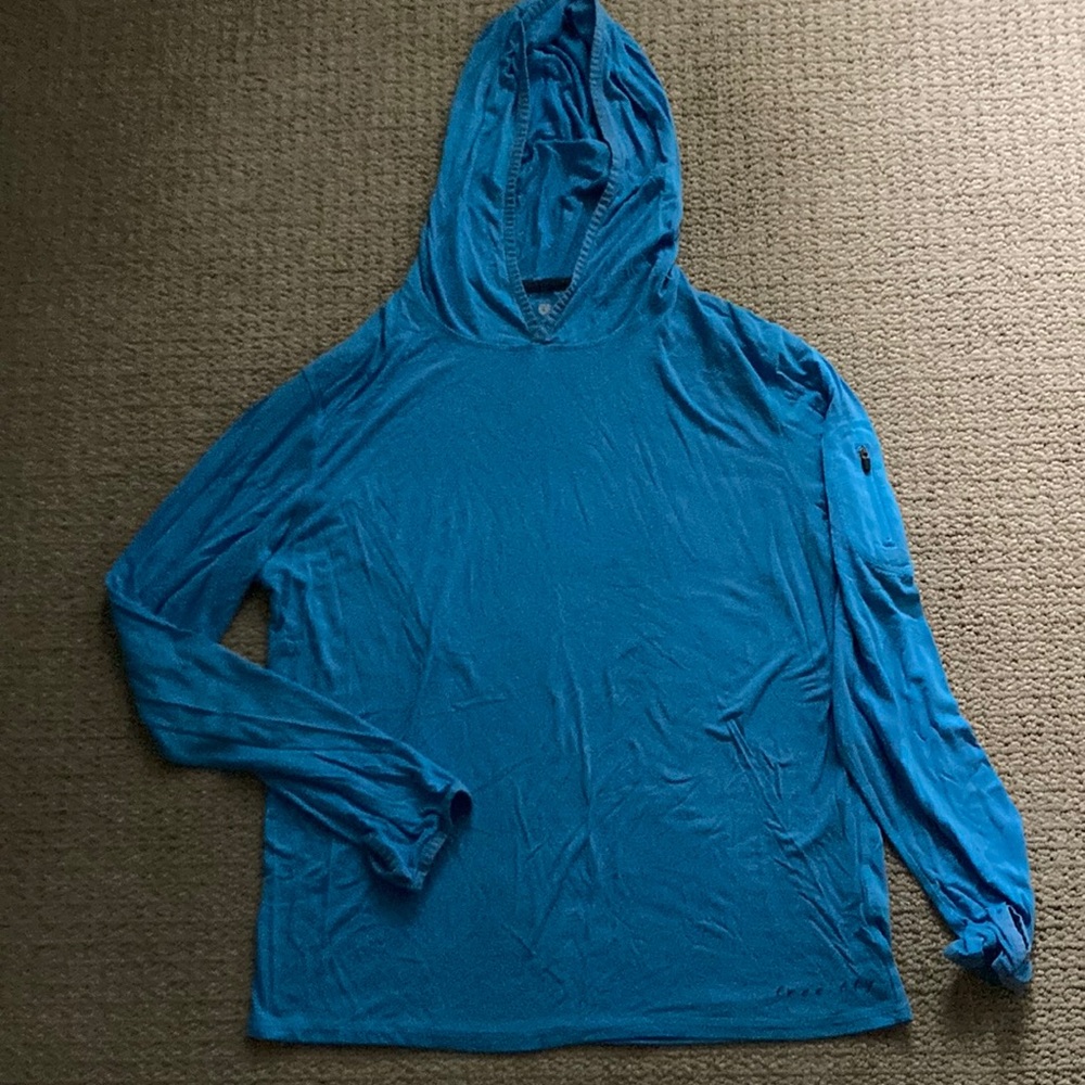 Blue hooded Free Fly long sleeve shirt